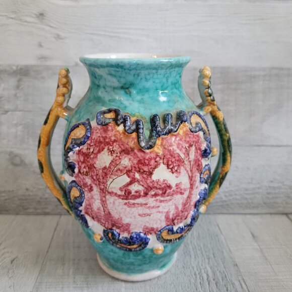 Vintage Daruta Italy Hand-Painted Ceramic Vase With Ornate Handles & Scenic Moti - Picture 1 of 8